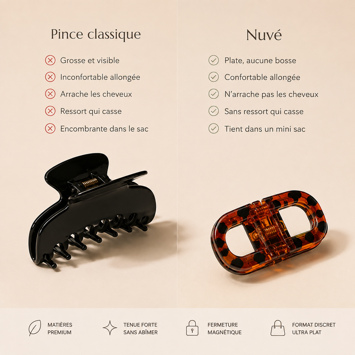 Nuvé · Pince à cheveux magnétique plate — la pince qu'on oublie