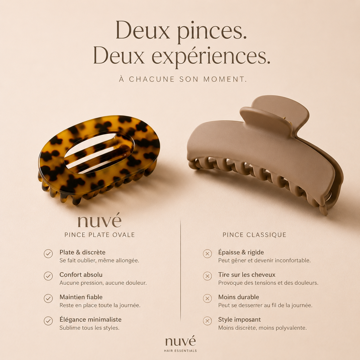 Nuvé Ovale — Pince Plate Élégante · le chignon qu'on oublie