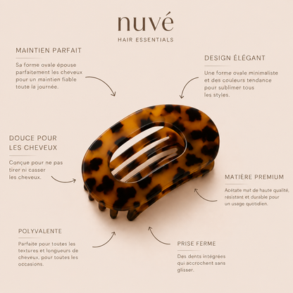 Nuvé Ovale — Pince Plate Élégante · le chignon qu'on oublie