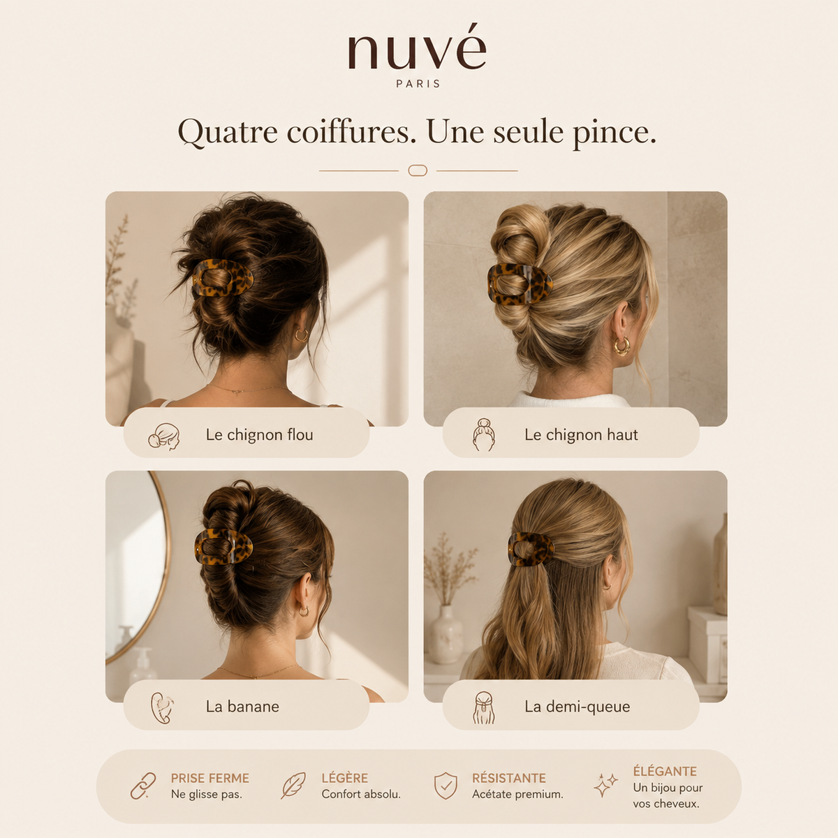 Nuvé Ovale — Pince Plate Élégante · le chignon qu'on oublie